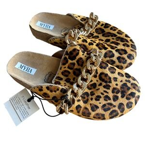 NWOB MYRA Leopard Print Calf Hair Leather Mule Clog Shoes Chunky Gold Chain Sz 8